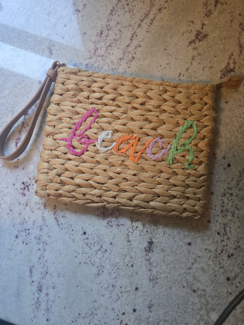 Woven Straw Wristlet Clutch with Multicolor Beach Embroidery